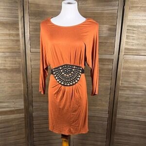Bebe Womens Burnt Orange Studded Waist Heart Cutout Back Mini Dress Medium